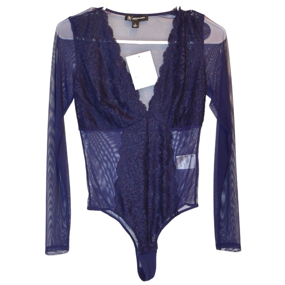 INC Intimates Lace Deep V Neck Semi-Sheer Bodysuit Navy Small‎ Coquette Romantic
